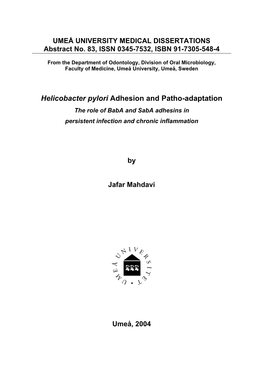 Helicobacter Pylori Adhesion and Patho-Adaptation the Role of Baba and Saba Adhesins in Persistent Infection and Chronic Inflammation