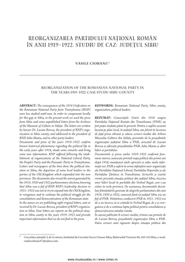 Reorganizarea Partidului Național Român În Anii 1919–1922. Studiu De Caz: Județul Sibiu