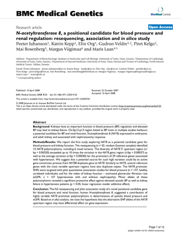 N-Acetyltransferase 8, a Positional Candidate for Blood Pressure And