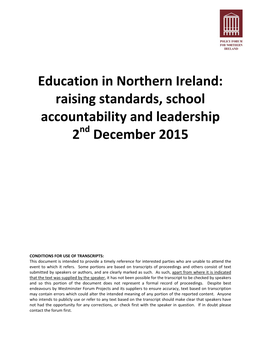 Education in Northern Ireland: Raising Standards, School Accountability and Leadership 2Nd December 2015