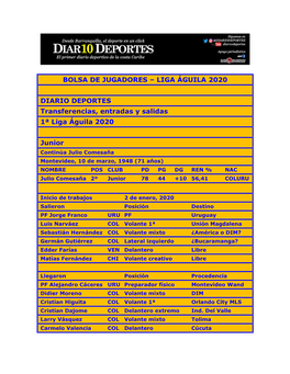Bolsa De Jugadores – Liga Águila 2020 Diario Deportes