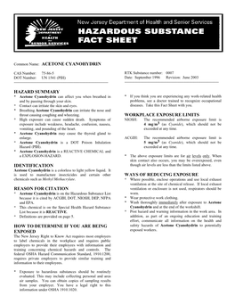 Acetone Cyanohydrin Hazard Summary Identification Reason for Citation How to Determine If You Are Being Exposed