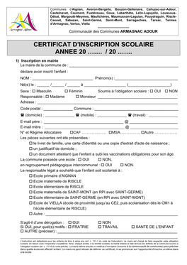 Certificat D'inscription Scolaire Annee 20 ……. / 20