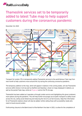 Thameslink Services Set to Be Temporarily Added to Latest Tube Map to Help Support Customers During the Coronavirus Pandemic