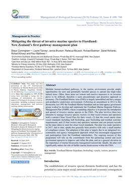 Mitigating the Threat of Invasive Marine Species to Fiordland: New Zealand’S First Pathway Management Plan