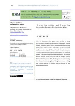 Friction Stir Welding and Friction Stir Processing for 6061-T6 Aluminum