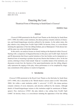 Enacting the Lost: Theatrical Form of Mourning in Sarah Kane’S Cleansed