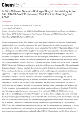 In Silico Molecular Dynamics Docking of Drugs to the Inhibitory Active Site of SARS-Cov-2 Protease and Their Predicted Toxicology and ADME