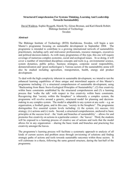 Structured Comprehension for Systems Thinking, Learning and Leadership Towards Sustainability David Waldron, Sophie Byggeth