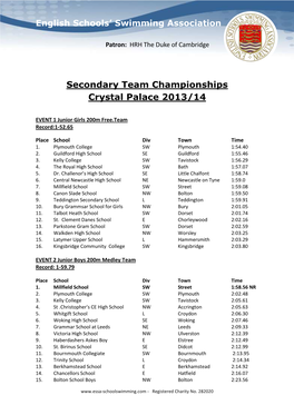 Download Secondary Schools Team Championship Results 2013-2014