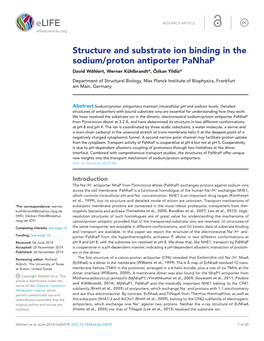 Structure and Substrate Ion Binding in the Sodium/Proton Antiporter Panhap David Wöhlert, Werner Kühlbrandt*, Özkan Yildiz*