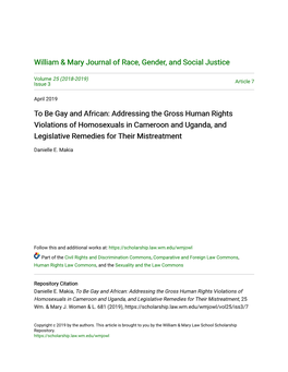 To Be Gay and African: Addressing the Gross Human Rights Violations of Homosexuals in Cameroon and Uganda, and Legislative Remedies for Their Mistreatment