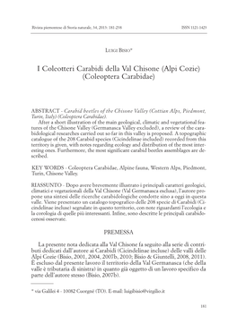 I Coleotteri Carabidi Della Val Chisone (Alpi Cozie) (Coleoptera Carabidae)