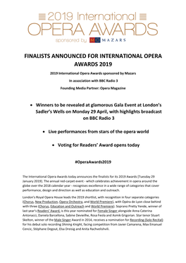 Finalists Announced for International Opera Awards 2019