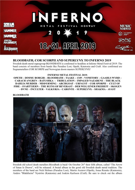 BLOODBATH, COR SCORPII and SUPERLYNX to INFERNO 2019 Swedish Death Metal Supergroup BLOODBATH Is Confirmed to Headline at Inferno Metal Festival 2019