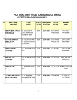 Perak: Senarai Bengkel Penyaman Udara Kenderaan Yang Bertauliah (List of Certified Mobile Air-Conditioning Workshops)