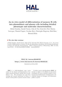 An in Vitro Model of Differentiation of Memory B Cells Into Plasmablasts and Plasma Cells Including Detailed Phenotypic and Molecular Characterization