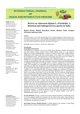 Review on Adansonia Digitata L. (Gorakshi): a Received: 01-02-2019 Accepted: 04-03-2019 Historical and Endangered Tree Species in India