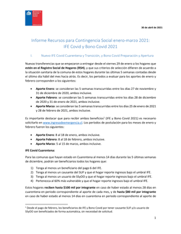 Informe Recursos Para Contingencia Social Enero-Marzo 2021: IFE Covid Y Bono Covid 2021