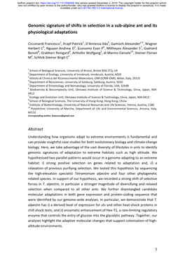 Genomic Signature of Shifts in Selection in a Sub-Alpine Ant and Its Physiological Adaptations