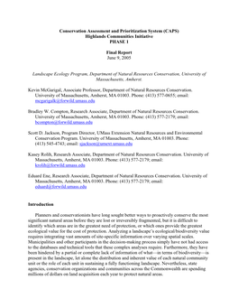 Conservation Assessment and Prioritization System (CAPS) Highlands Communities Initiative PHASE 1