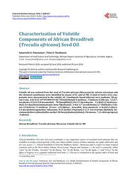 Characterization of Volatile Components of African Breadfruit (Treculia Africana) Seed Oil