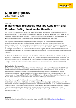 MEDIENMITTEILUNG 28. August 2020 in Härkingen Bedient Die Post