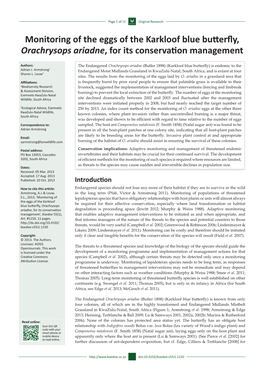 Monitoring of the Eggs of the Karkloof Blue Butterfly, Orachrysops Ariadne, for Its Conservation Management