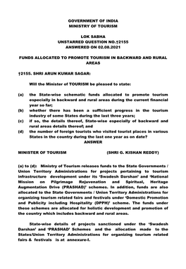 Government of India Ministry of Tourism Lok Sabha Unstarred Question No.†2155 Answered on 02.08.2021 Funds Allocated to Promot