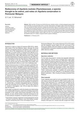 Rediscovery of <I>Aquilaria Rostrata</I> (<I>Thymelaeaceae</I>), a Species Thought to Be Extinct, and No