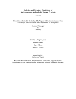 Isolation and Structure Elucidation of Anticancer and Antimalarial Natural Products