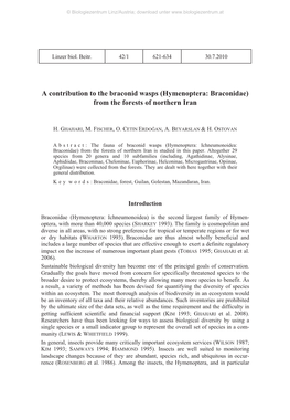 A Contribution to the Braconid Wasps (Hymenoptera: Braconidae) from the Forests of Northern Iran