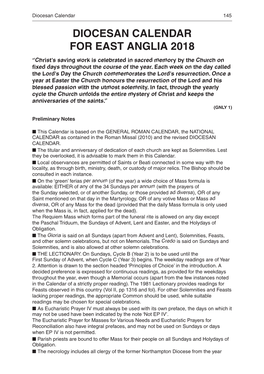 Diocesan Calendar for East Anglia 2018