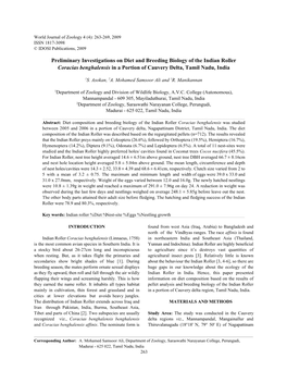 Preliminary Investigations on Diet and Breeding Biology of the Indian Roller Coracias Benghalensis in a Portion of Cauvery Delta, Tamil Nadu, India