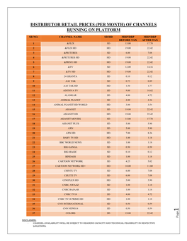 Distributor Retail Prices (Per Month) of Channels Running on Platform