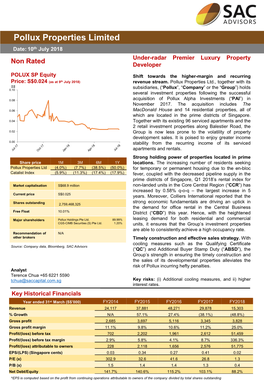 Pollux Properties Limited Date: 10Th July 2018 Non Rated Under-Radar Premier Luxury Property Developer