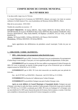 COMPTE RENDU DU CONSEIL MUNICIPAL Du 5 FEVRIER 2021