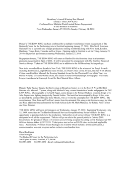 THE LION KING Confirmed for a Multiple-Week Limited Return Engagement at the Bushnell in Hartford from Wednesday, January 27, 2010 to Sunday, February 14, 2010