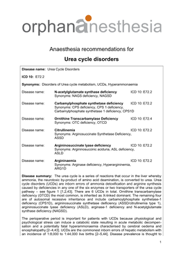 Anaesthesia Recommendations for Urea Cycle Disorders