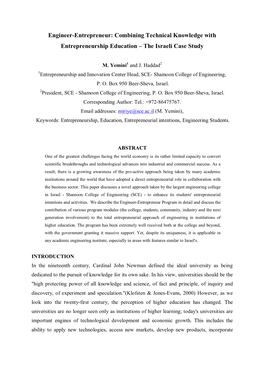 Engineer-Entrepreneur: Combining Technical Knowledge with Entrepreneurship Education – the Israeli Case Study