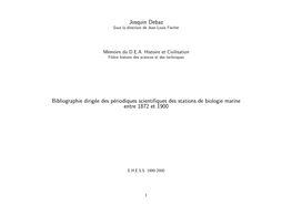 Bibliographie Dirigée Des Périodiques Scientifiques Des Stations De Biologie Marine Entre 1872 Et 1900