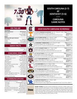 South Carolina (2-7) at Kentucky (3-6) ----- Carolina Game Notes