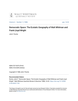 The Ecstatic Geography of Walt Whitman and Frank Lloyd Wright