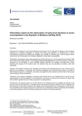 Information Report on the Observation of Early Local Elections in Seven Municipalities in the Republic of Moldova (20 May 2018)