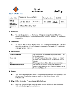 Flags and Banners Policy Policy Title: Policy Number: 110-02