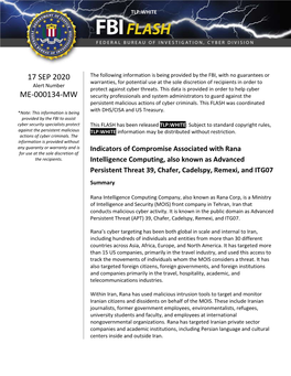 FBI, with No Guarantees Or Warranties, for Potential Use at the Sole Discretion of Recipients in Order to Alert Number Protect Against Cyber Threats