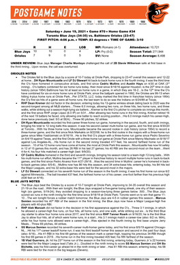 Saturday • June 19, 2021 • Game #70 • Home Game #34 Toronto Blue Jays (34-35) Vs. Baltimore Orioles (23-47) FIRST PITCH: 4:06 P.M