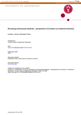 Reviewing Colchicaceae Alkaloids – Perspectives of Evolution on Medicinal Chemistry