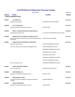 SAUSD Board of Education Warrant Listing May 22, 2019* Page 1 of 4 Check # Vendor Location Amount Fund 01 General Fund