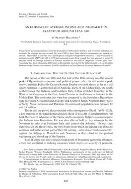 An Estimate of Average Income and Inequality in Byzantium Around Year 1000